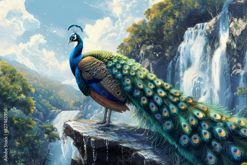 A peacock perches on a cliff near a waterfall in nature photo