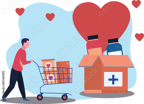 A boy carries a donation trolley.