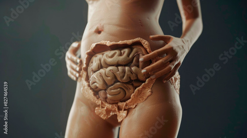 close-up, open human intestines, human woman abdomen mockup, bloating, diastasis