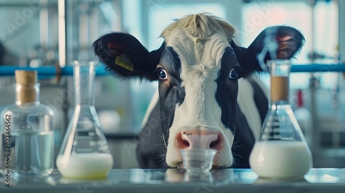 Cow Startled by Lab Grown Milk in Scientific Beaker on Tabletop