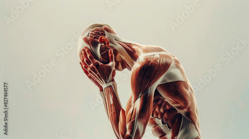image of a man spasming muscles, illustration holding his head with his hands, suffering from pain, empty space for text