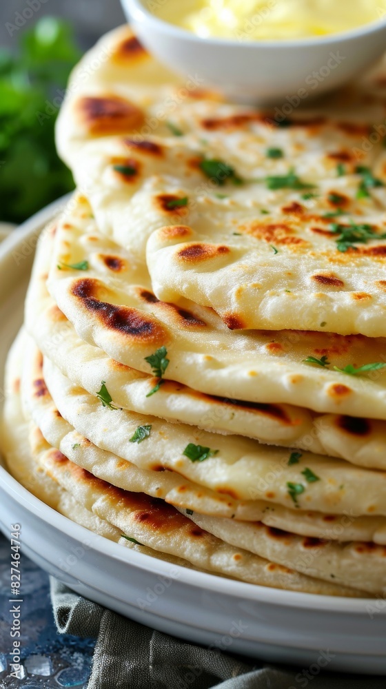Stack of homemade naan bread garnished with fresh herbs Stack of homemade naan bread garnished with fresh herbs