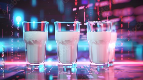 Glasses of Milk Amid Glowing Digital Backdrop Symbolizing Technological Nourishment