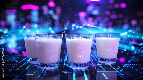 Milk Glasses on Futuristic Digital Table with Glowing Binary Code and Backdrop