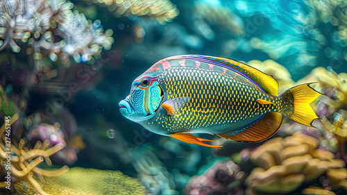 close up of a colorful tropical fish in the ocean, oceanic life scene, fish in underwater, underwater life