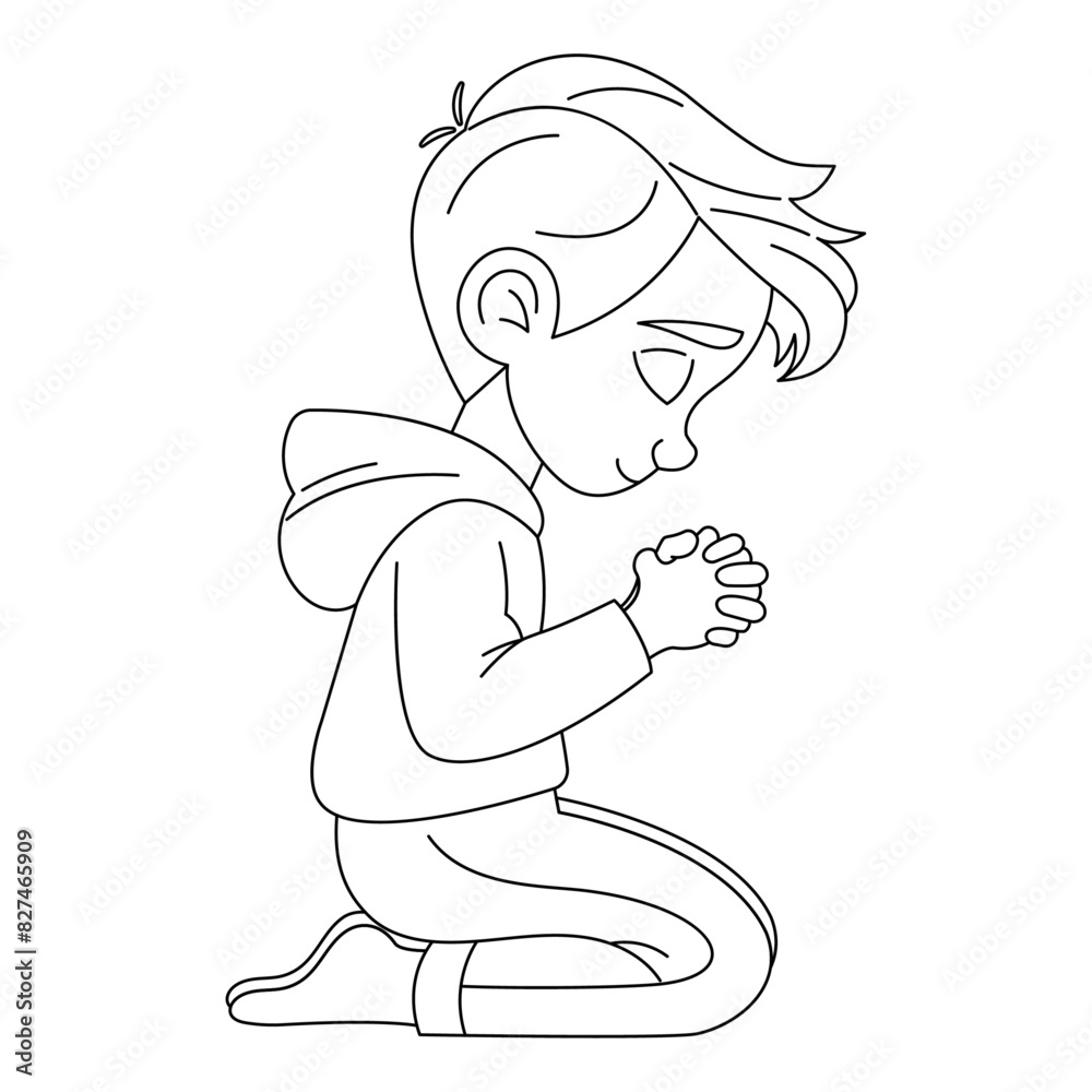 Boy praying on his knees, reading a prayer, hand drawn, line art vector illustration