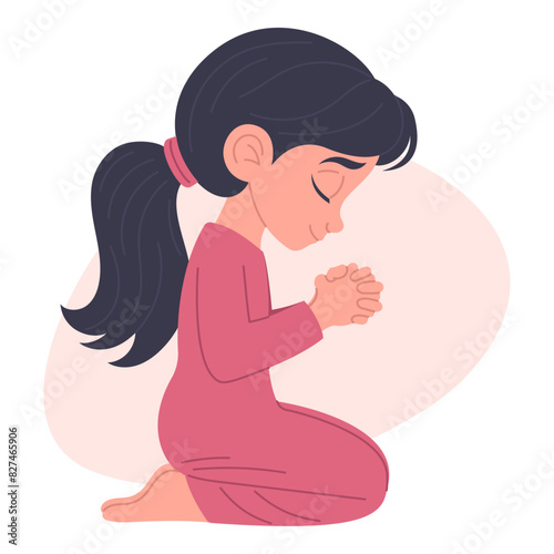 Cute little girl praying on her knees, hand drawn, vector illustration