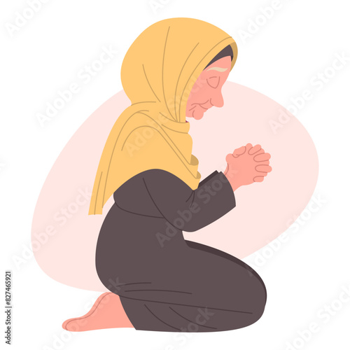Grandma praying on knees in headscarf with closed eyes, reciting prayer, hand-drawn vector, flat style, white background