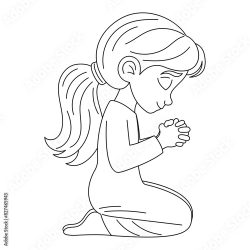 Sweet little girl praying on knees, hand-drawn, line art vector illustration, white background