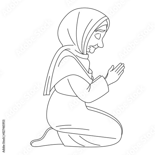 Grandmother praying on knees, hand-drawn, line art vector illustration, white background