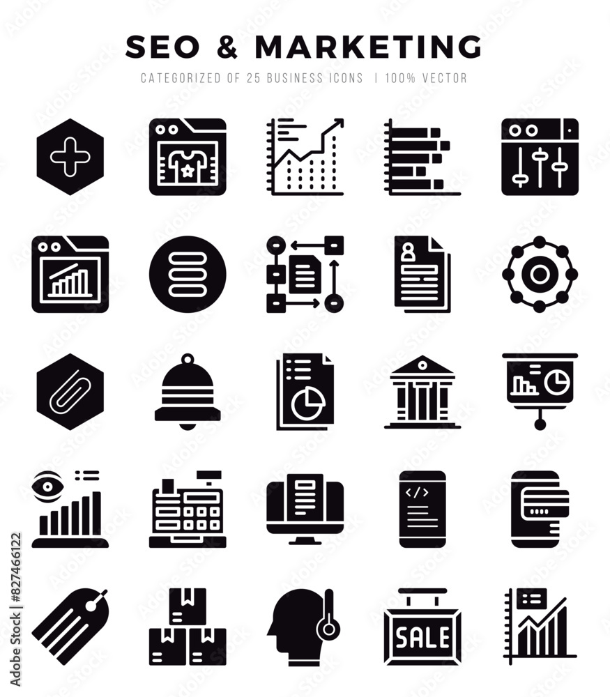 SEO & Marketing web icons in Glyph style.