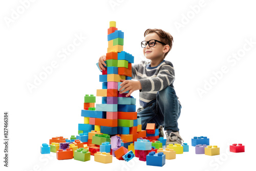 A creative boy with a pile of building blocks, constructing a towering castle of dreams in a playful studio setting. ,realistic photos isolated on white background