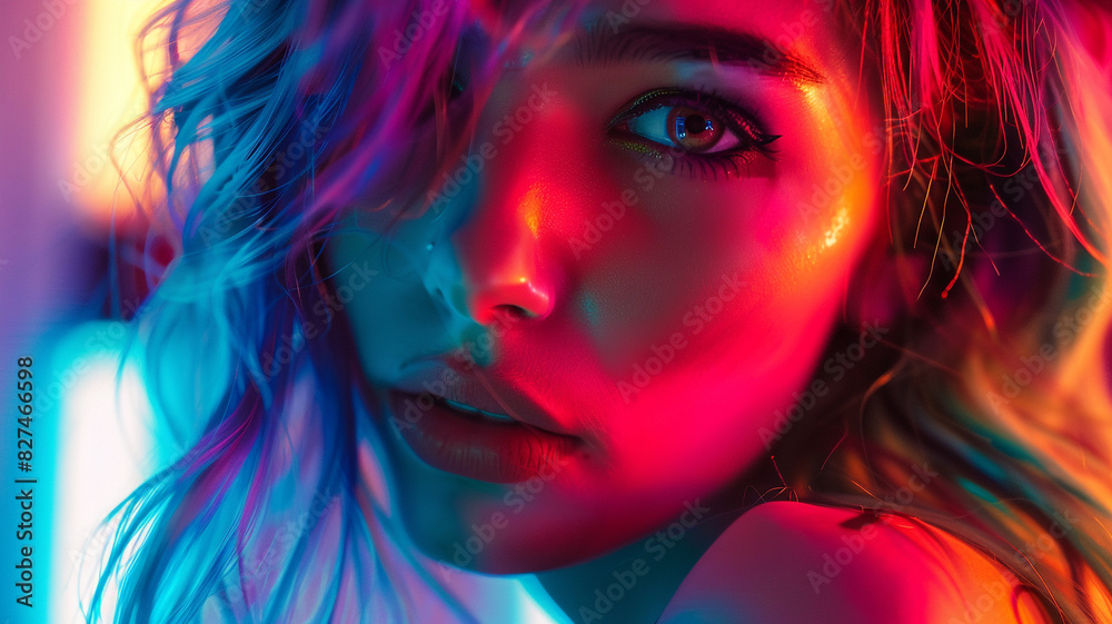 A beautiful woman with colorful on a glowing neon background A beautiful woman with colorful on a glowing neon background