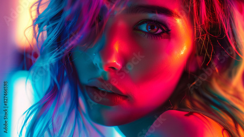 A beautiful woman with colorful on a glowing neon background © Yuwarin