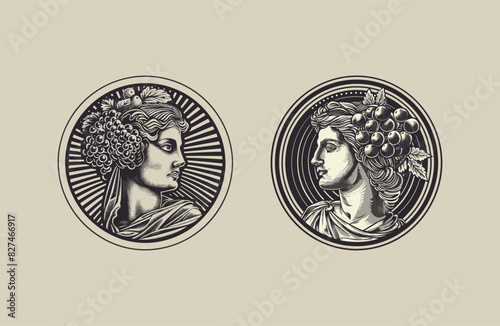 ancient greek demeter goddess of the harvest and agriculture vintage engraved logo icon vector