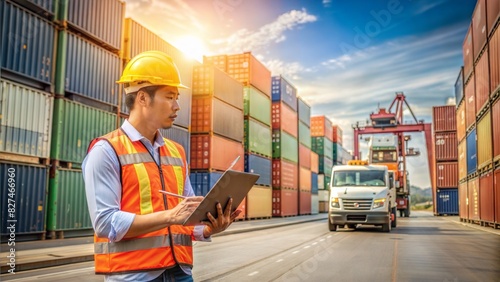 Logistics engineer control at the port, loading containers for trucks export and importing logistic