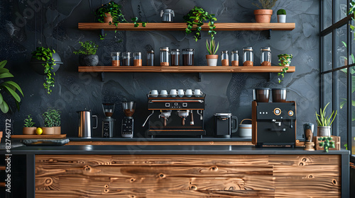 Fototapeta Naklejka Na Ścianę i Meble -  High Res Coffee Bar Setup: Stylish Home Coffee Station with Glossy Backdrop, Photo Realistic Concept