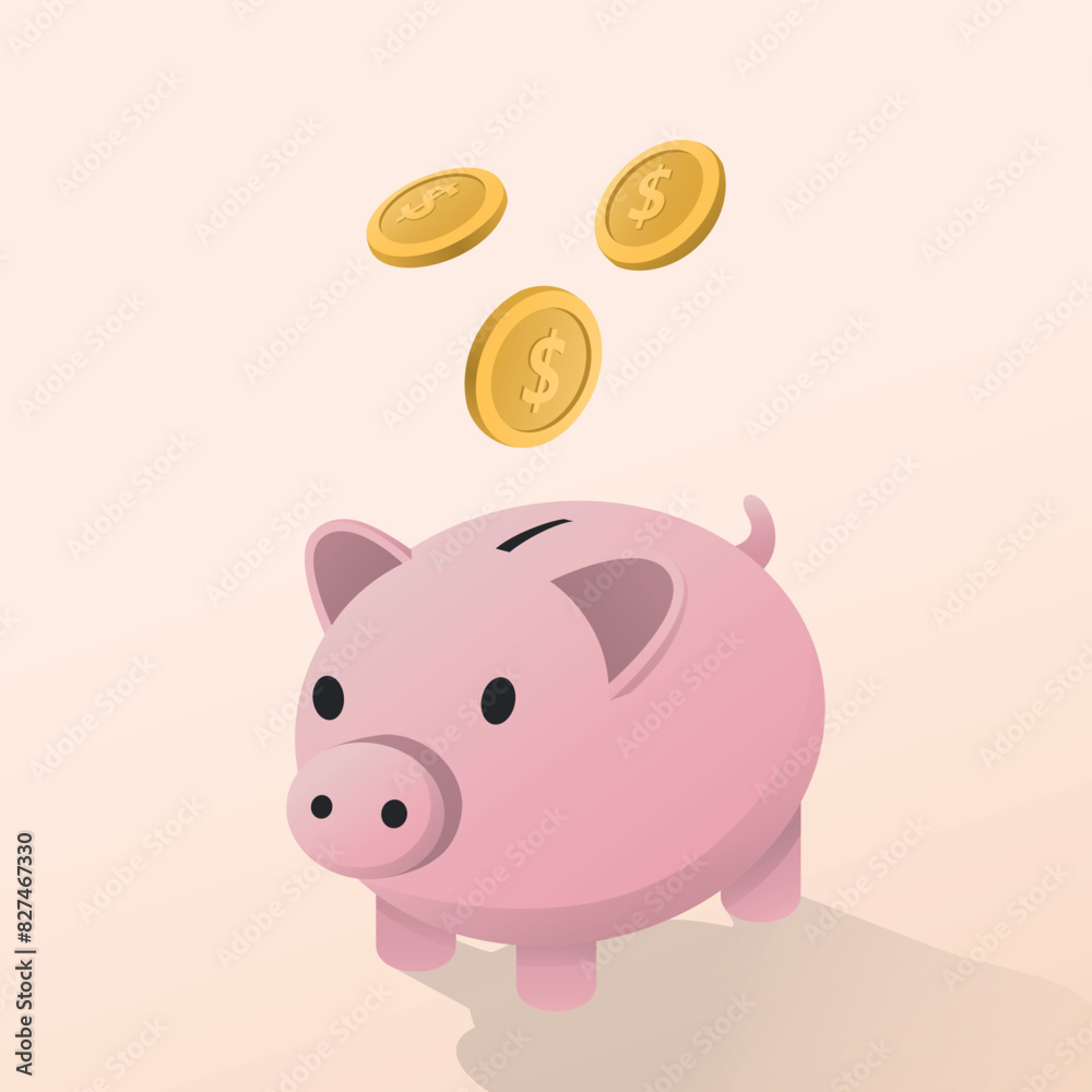 pink piggy bank with three golden coins falling on top, concept of savings, financial investment and success pink piggy bank with three golden coins falling on top, concept of savings, financial investment and success