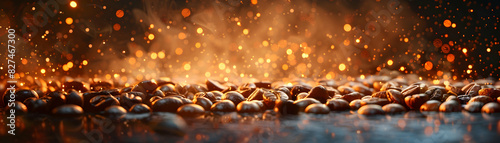 Photo realistic Coffee Beans Roasting Concept: High resolution image of coffee beans roasting with a glossy backdrop, capturing the rich aroma and process of transforming green bea photo