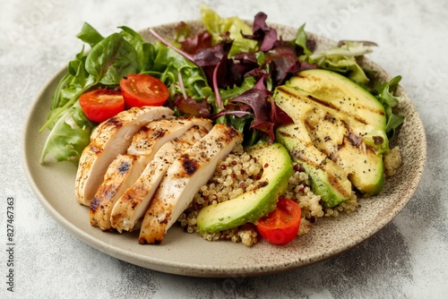 Nutritious plate featuring sliced grilled chicken, avocado, quinoa, and fresh mixed greens garnished with cherry tomatoes serves as a perfect meal for health-conscious individuals