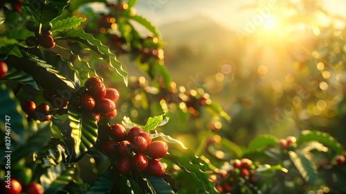 Photo realistic Coffee farm visit concept: High resolution image of coffee farm with glossy backdrop showcasing origins and agricultural aspects of production. photo