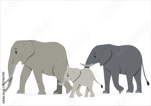 Elephant Family walking through the grass. The friendship between a herd of Elephants  family  and love. Elephant family going for a stroll with an elephant 