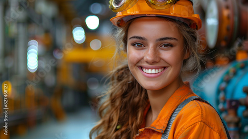 A woman wearing a yellow shirt and orange safety goggles is smiling. She is wearing a hard hat and is standing in a factory. A relatable Brazilian woman, smiling authentically in an industrial setting photo