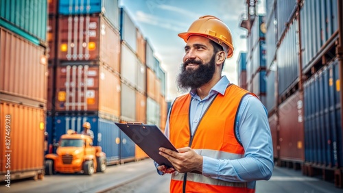 Logistics engineer with a beard without mustache control at the port, loading containers for trucks export and importing logistic