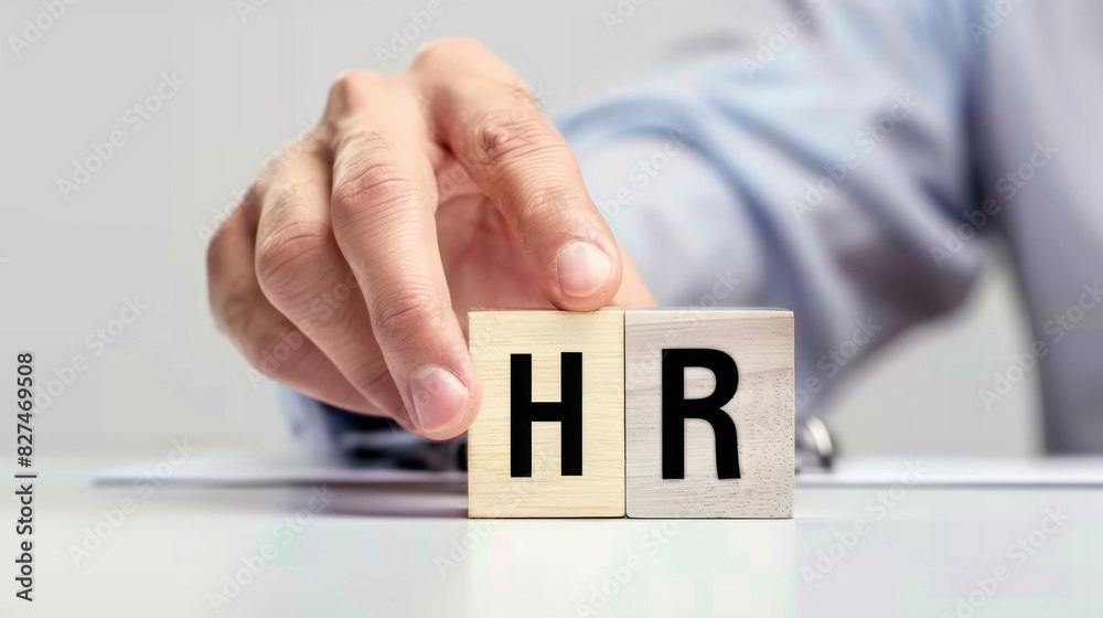 A businessman touching wooden blocks with the word HR