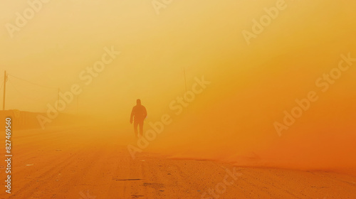 Silhouette of a man in the desert during a sandstorm.