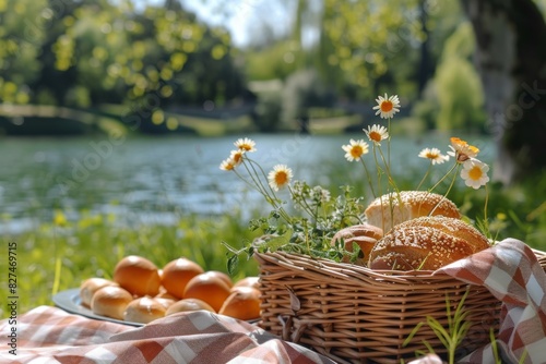 Friends having a picnic by the lake  sitting on a blanket with food and drinks  enjoying the sunny weather and nature s beauty