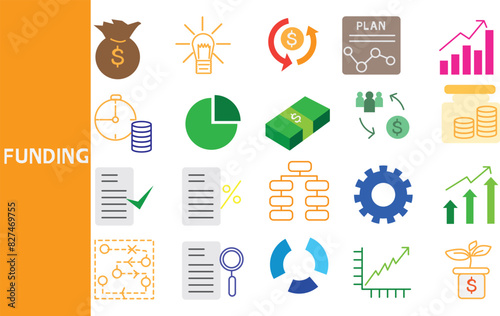 Funding , Capital: Having capital resources for doing business and having liquidity to manage the company. ,Set of icons for business ,symbol collection.,Vector illustration.