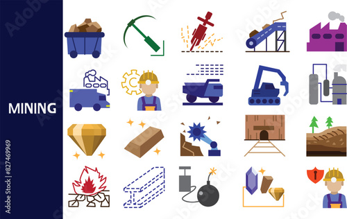 Mining is the use of natural resources to mine coal, gold or iron ore. Iron ore is the material.  ,Set of icons for business ,symbol collection.,Vector illustration.