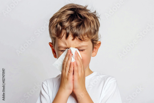 Young boy sneezing into a tissue with a plain white background. Represents common cold or allergy symptoms in a clean and simple setting.