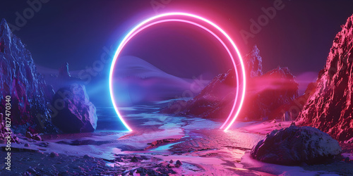 Ice Illuminated With Neon Magenta Light Ring On Dark Round Frame