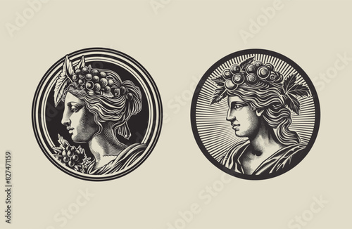 ancient greek demeter goddess of the harvest and agriculture vintage engraved logo icon vector