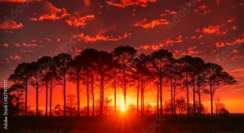 Dramatic sunset behind a silhouette of tall trees, emphasizing shape against a vibrant sky, --ar 16:9 --stylize 750 Job ID: ef361f64-85e6-4638-a1c1-d5b69f67c468