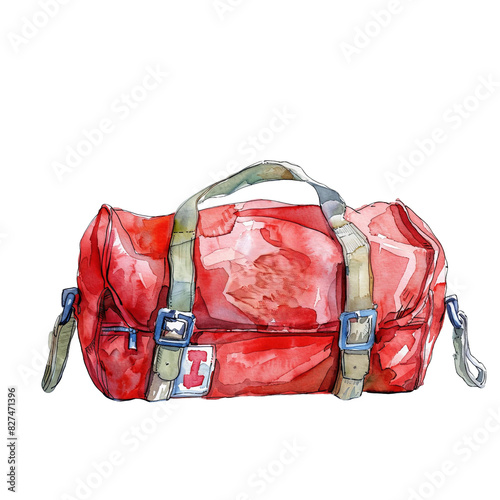 A red duffel bag with brown straps and buckles. The bag is sitting on a white background. photo