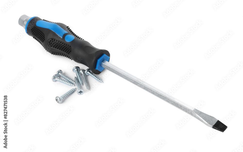 Screwdriver with black handle and screws isolated on white Screwdriver with black handle and screws isolated on white