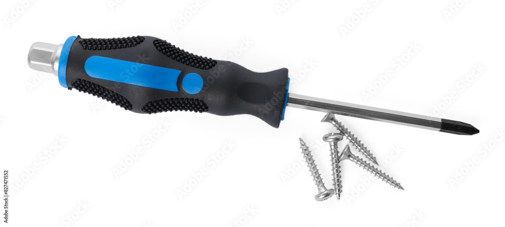 Screwdriver with black handle and screws isolated on white, top view Screwdriver with black handle and screws isolated on white, top view