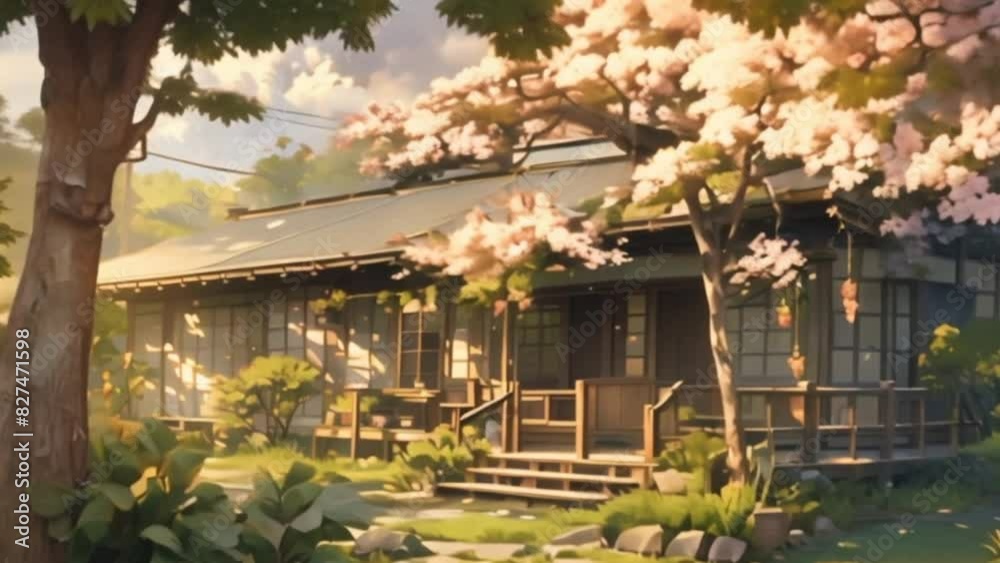Anime scene. Japanese garden. Stepping stones winds through lush greenery. Traditional tea house nestled amidst the vibrant foliage. Anime scene. Japanese garden. Stepping stones winds through lush greenery. Traditional tea house nestled amidst the vibrant foliage.