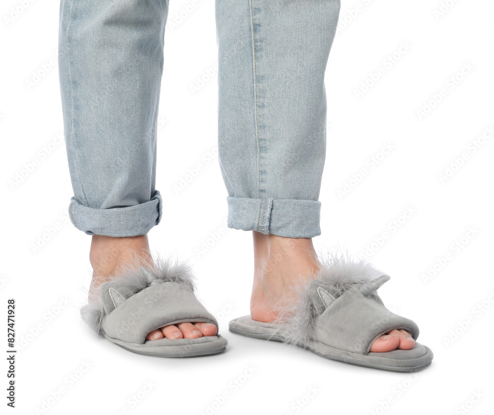 Woman in grey soft slippers on white background, closeup Woman in grey soft slippers on white background, closeup