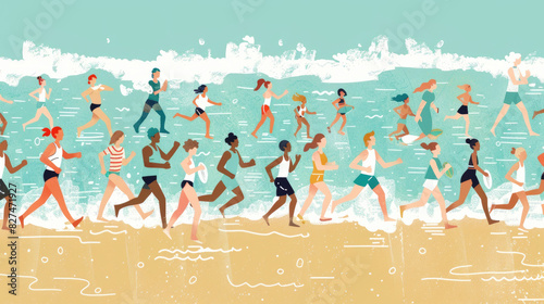 A painting depicting a group of individuals energetically running along the sandy beach by the ocean