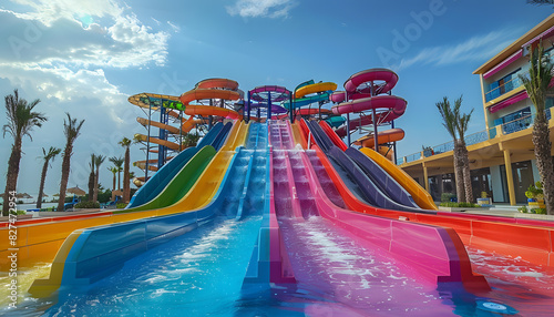 Leisure in a water world with colorful slides under the sky