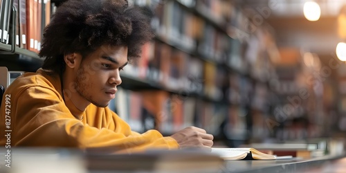 Diligent Student Studying in Library for Upcoming Exam. Concept Library Study, Exam Preparation, Diligent Student, Academic Success, Focus and Concentration
