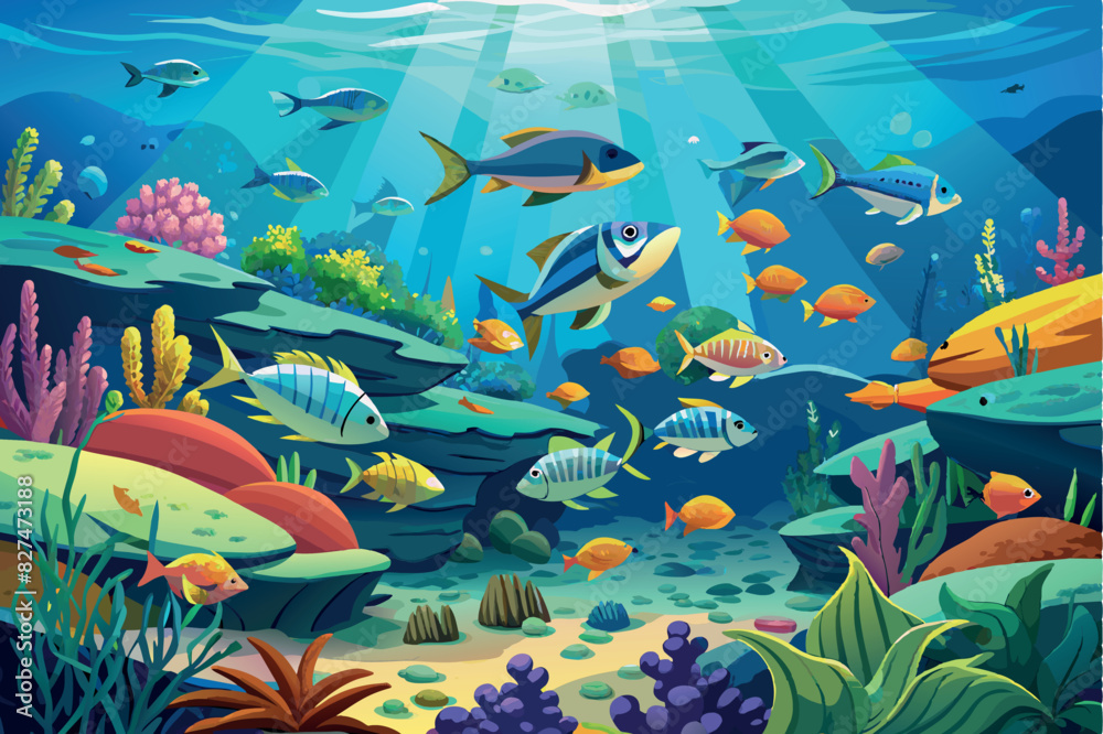 Naklejka premium A picturesque underwater scene with a variety of fish swimming among coral reefs. The environment is reminiscent of a tropical ocean with bright blue water and sunlight streaming in from above.