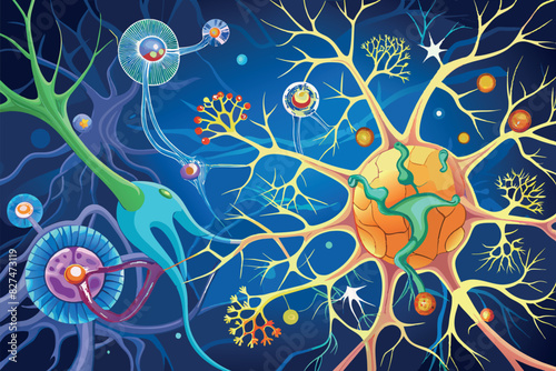 diverse types of neurons and their interconnections, representing a network within the nervous system.