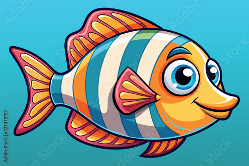 Illustration of a brightly colored fish in cartoon style. The fish has cheerful eyes and colorful stripes on the body. Swimming fins and tail hint at movement.