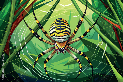  a brightly colored spider located in the center of its web among green foliage. It has distinctive yellow and black stripes on its body, as well as additional red and white markings.