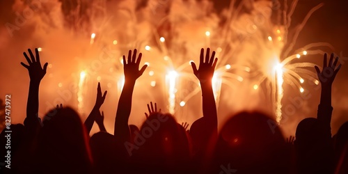 Silhouette of people watching fireworks with hands raised in the night sky. Concept Fireworks Display, Silhouette Photography, Night Sky, Joyful Celebration, Spectacular Moment